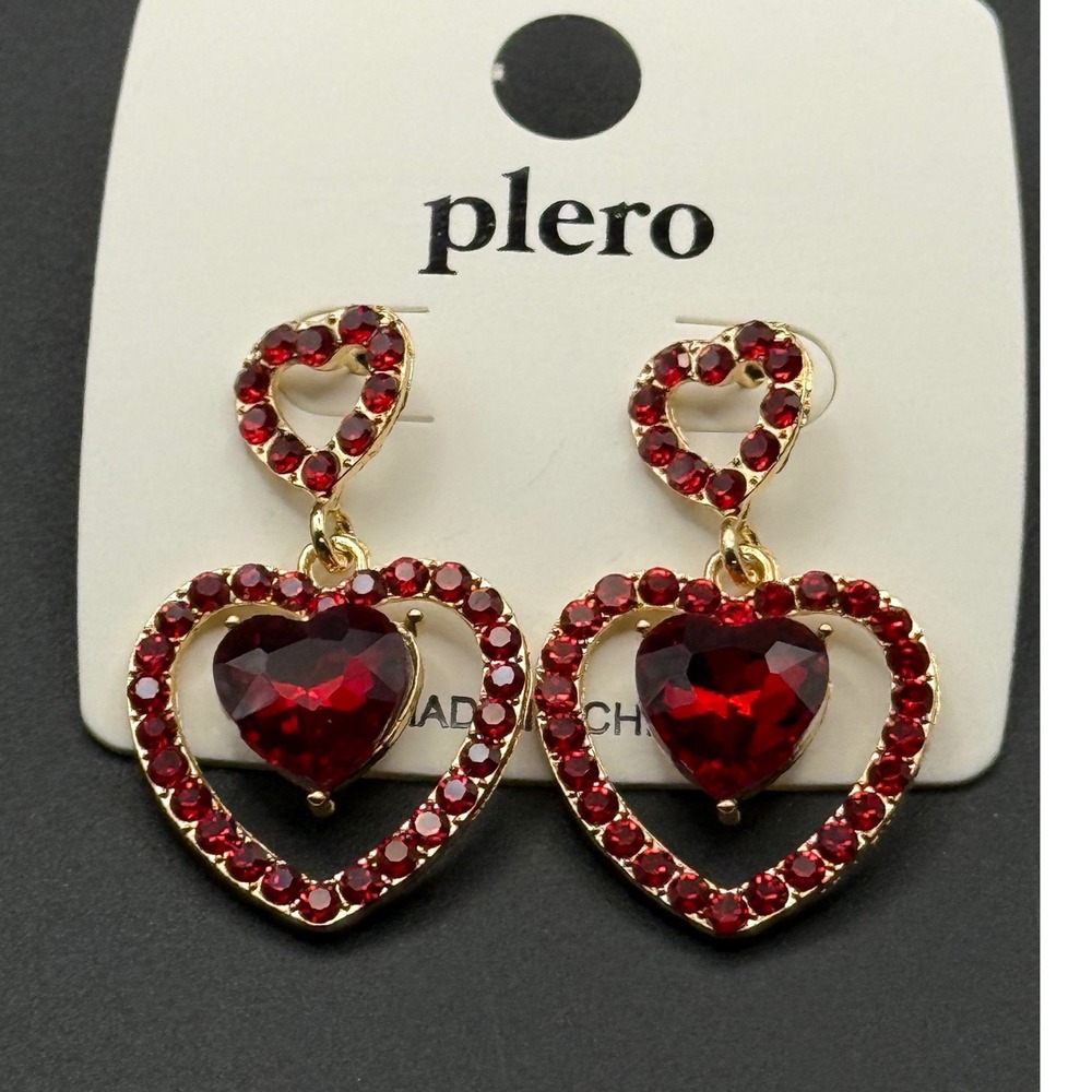 Plero Red‎ Heart Rhinestone Dangle Earrings Gold Tone